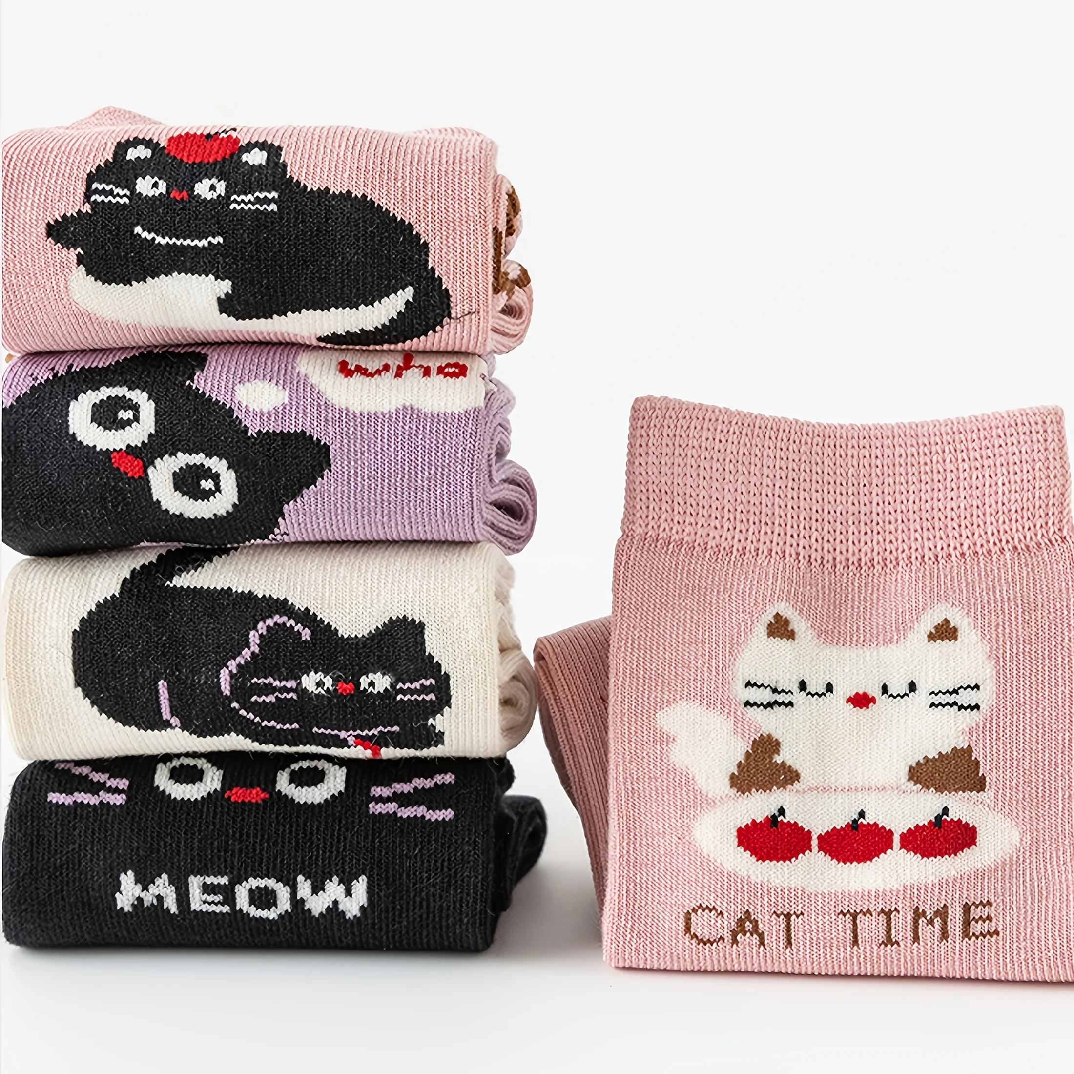 5 Pairs of Kidsren's Socks Cartoon Cute Kitten Stripesd Pattern All Year Round Baby Boy and Girl Color Matching Cat Mid-Calf Socks Suitable for Daily Life