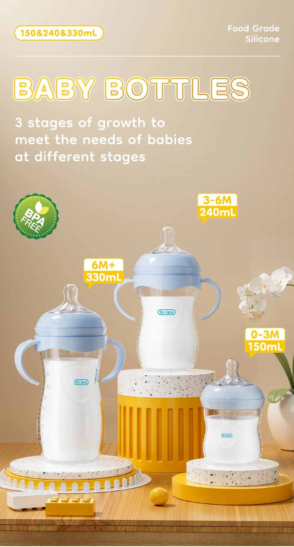Newborn Baby Bottle 150/240/330ML Baby PP Bottle with Handle Milk BottleFeeding Baby Bottles Newborn Feeding Supplies BPA-FREE