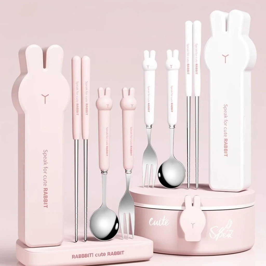 WORTHBUY 3/4PCS Cute Portable Dinnerware Set Reusable 304 Stainless Steel Fork Spoon Chopsticks With Box Cutlery For Kid Student