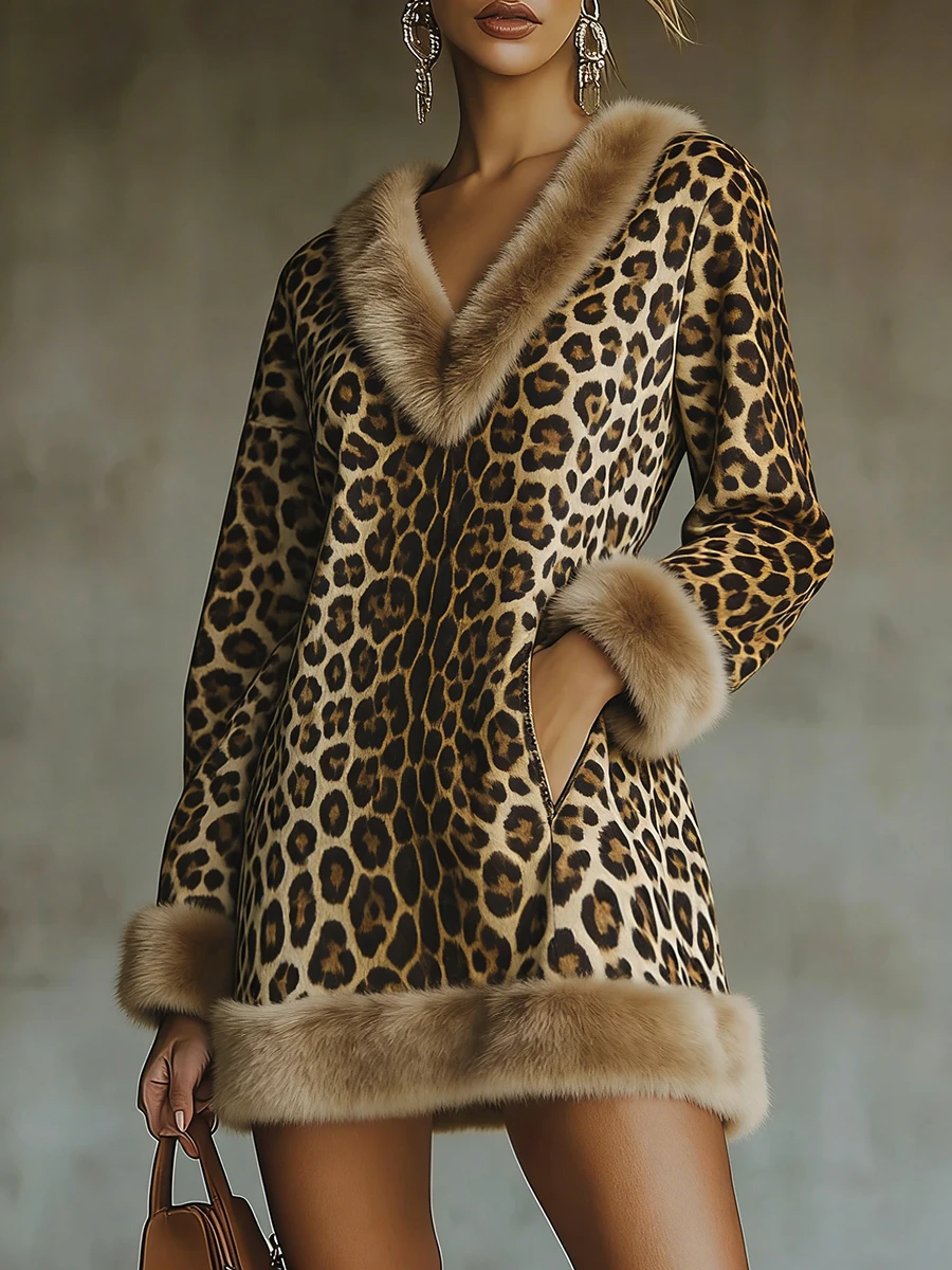 Daily Brown Leopard V Neck Long Sleeve Pocket Western Contrast Faux Fur Mini Dresses