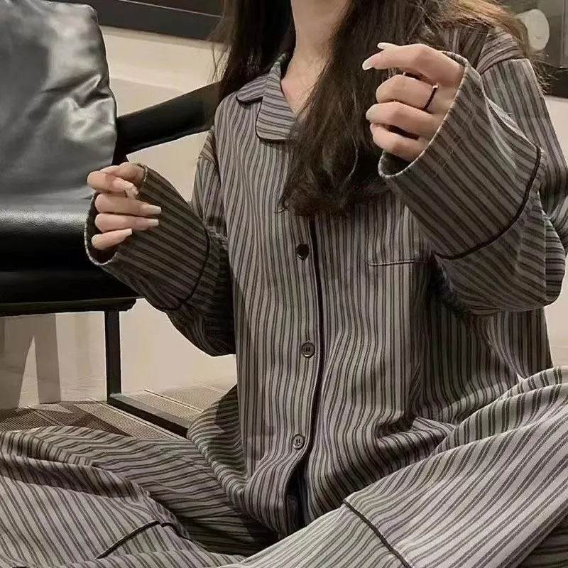 Pajamas for Women in Spring and Autumn Long Sleeved Striped Thin Design Can Be Worn Externally Student Sleepwear Two Piece Set