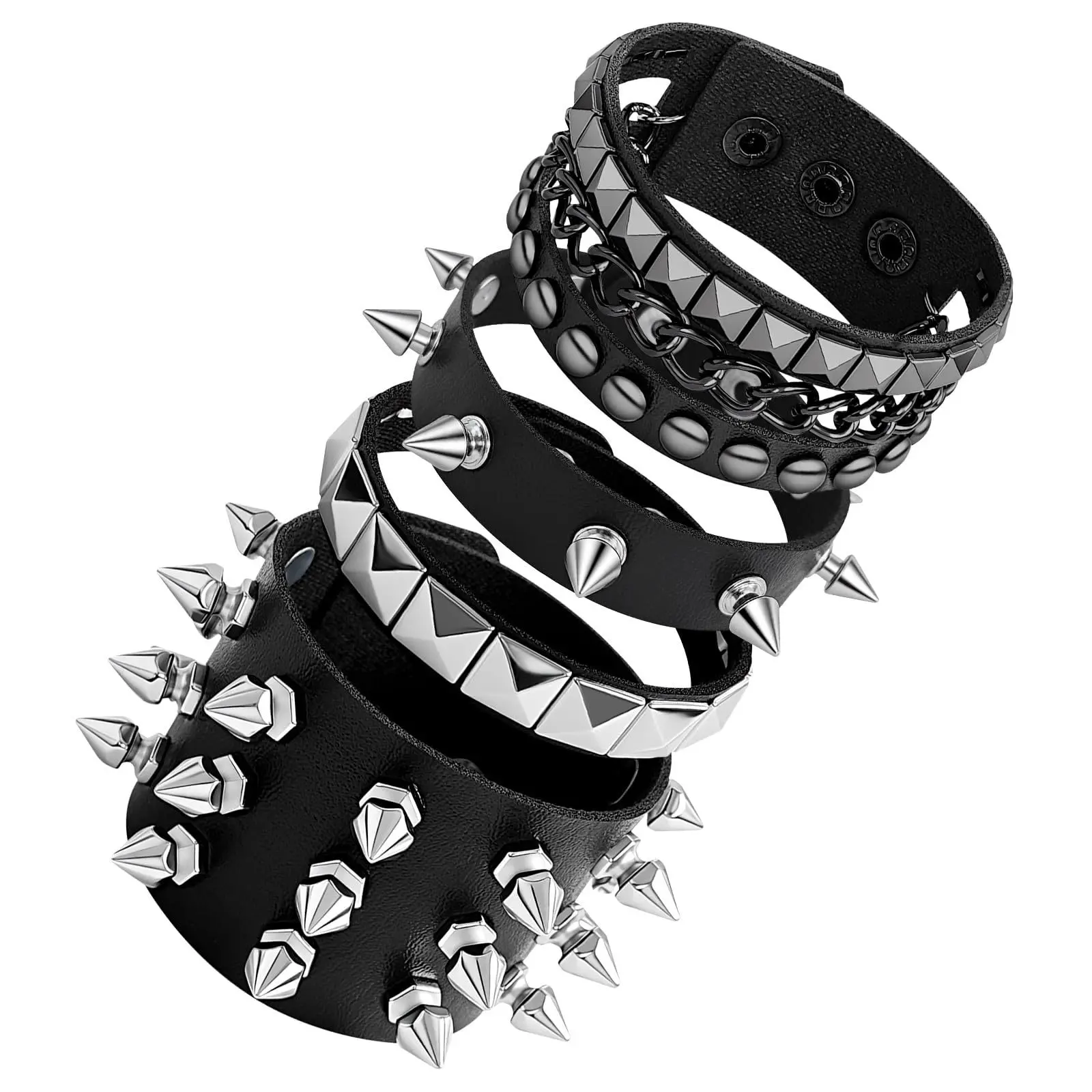 4Pcs Punk Leather Bracelet Set Spiked Studded Chain Rivets Black Cuff Adjustable Gothic Rock Biker Wristband Jewelry Men & Women