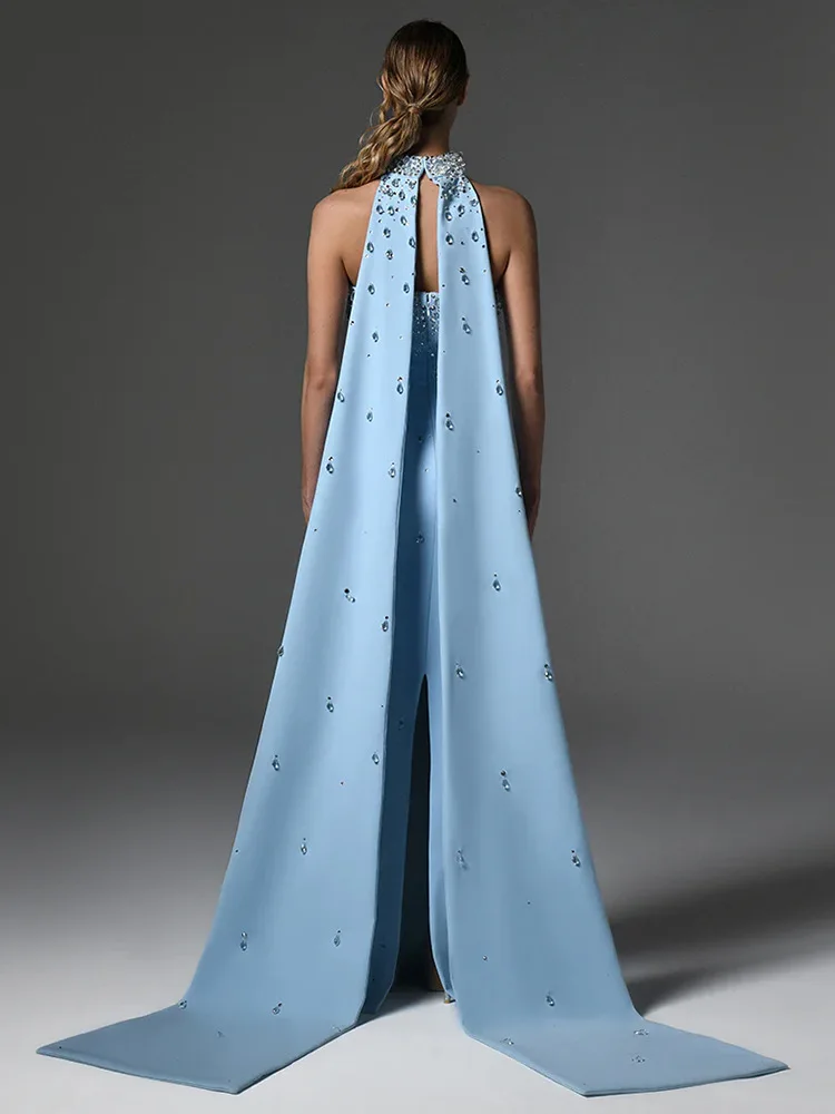 HIGH QUALITY Newest 2026 Designer Fashion Women's Party Gown With Detachable Cape Diamonds Beaded Embellishments Long Dress