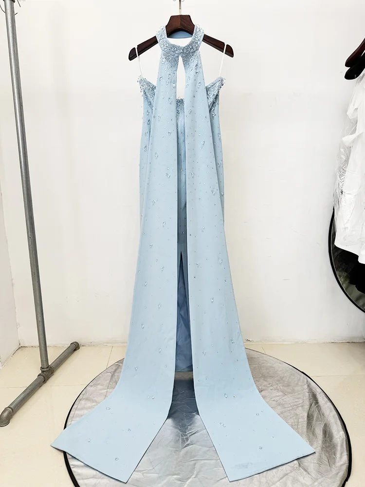 HIGH QUALITY Newest 2026 Designer Fashion Women's Party Gown With Detachable Cape Diamonds Beaded Embellishments Long Dress