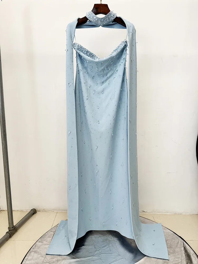 HIGH QUALITY Newest 2026 Designer Fashion Women's Party Gown With Detachable Cape Diamonds Beaded Embellishments Long Dress