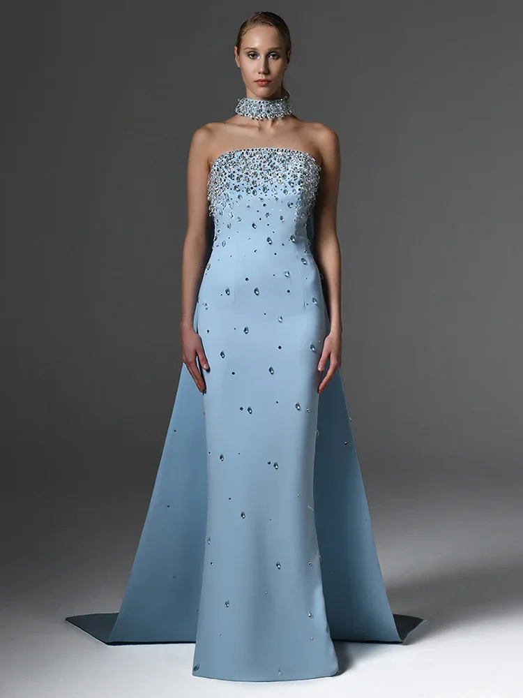 HIGH QUALITY Newest 2026 Designer Fashion Women's Party Gown With Detachable Cape Diamonds Beaded Embellishments Long Dress