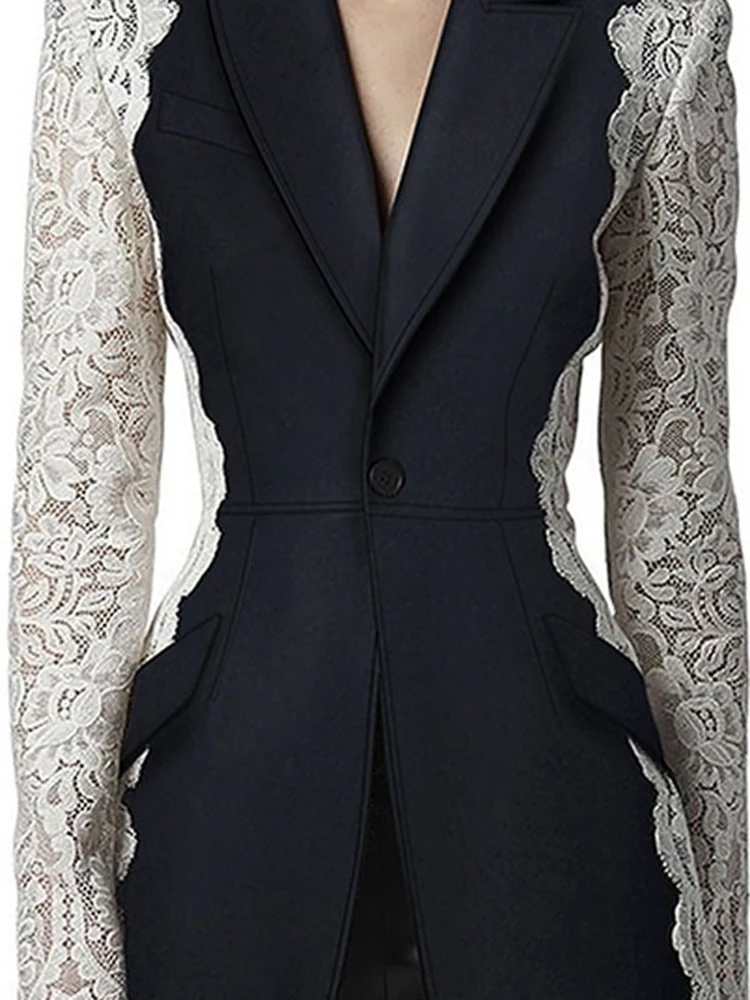 DEAT Fashion Women's Blazer New Fashion Notched Lace Patchwork Long Sleeve Contrast Suit Jackets Female Spring 2025 17A1298