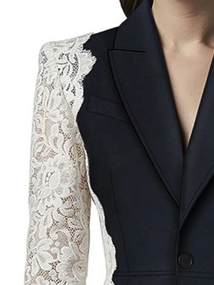 DEAT Fashion Women's Blazer New Fashion Notched Lace Patchwork Long Sleeve Contrast Suit Jackets Female Spring 2025 17A1298