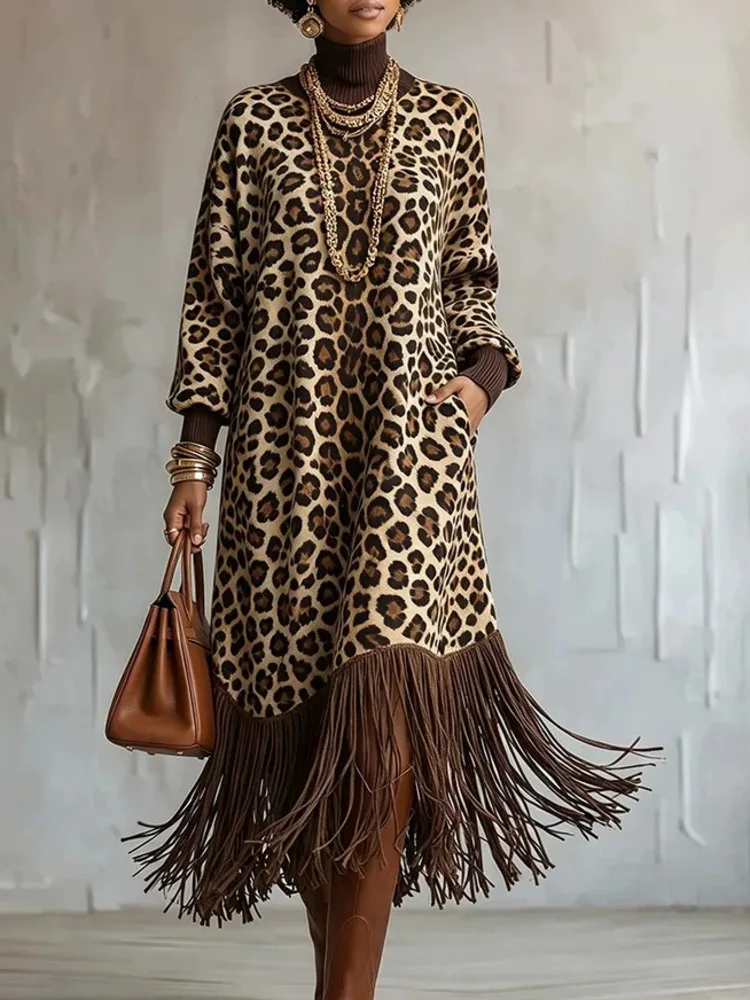 SHENGPALAE Women Dress Maxi Long Sleeve Leopard Print Tassel Hem High Neck Loose Vintage Bohemian Pocket Detail Autumn 2026 New