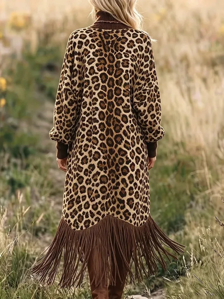 SHENGPALAE Women Dress Maxi Long Sleeve Leopard Print Tassel Hem High Neck Loose Vintage Bohemian Pocket Detail Autumn 2026 New