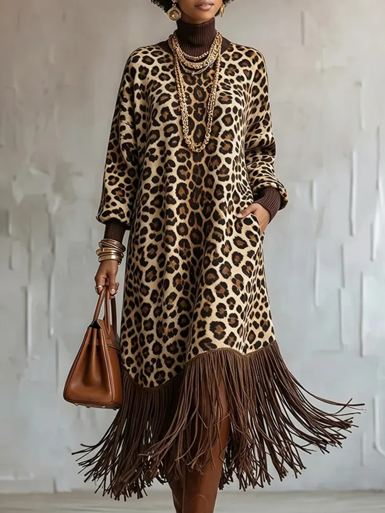 SHENGPALAE Women Dress Maxi Long Sleeve Leopard Print Tassel Hem High Neck Loose Vintage Bohemian Pocket Detail Autumn 2026 New