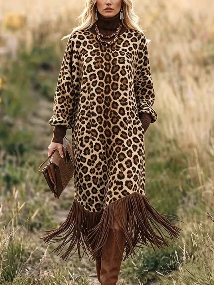 SHENGPALAE Women Dress Maxi Long Sleeve Leopard Print Tassel Hem High Neck Loose Vintage Bohemian Pocket Detail Autumn 2026 New