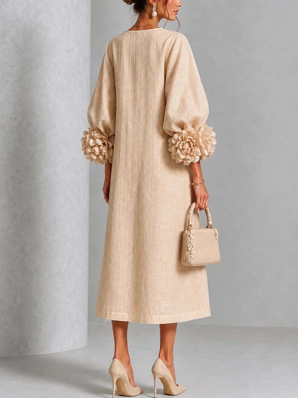 Elegant Women Linen Midi Dress O Neck 3D Floral Lantern Sleeve Button Loose Straight Long Dress Modest Casual Party Dresses