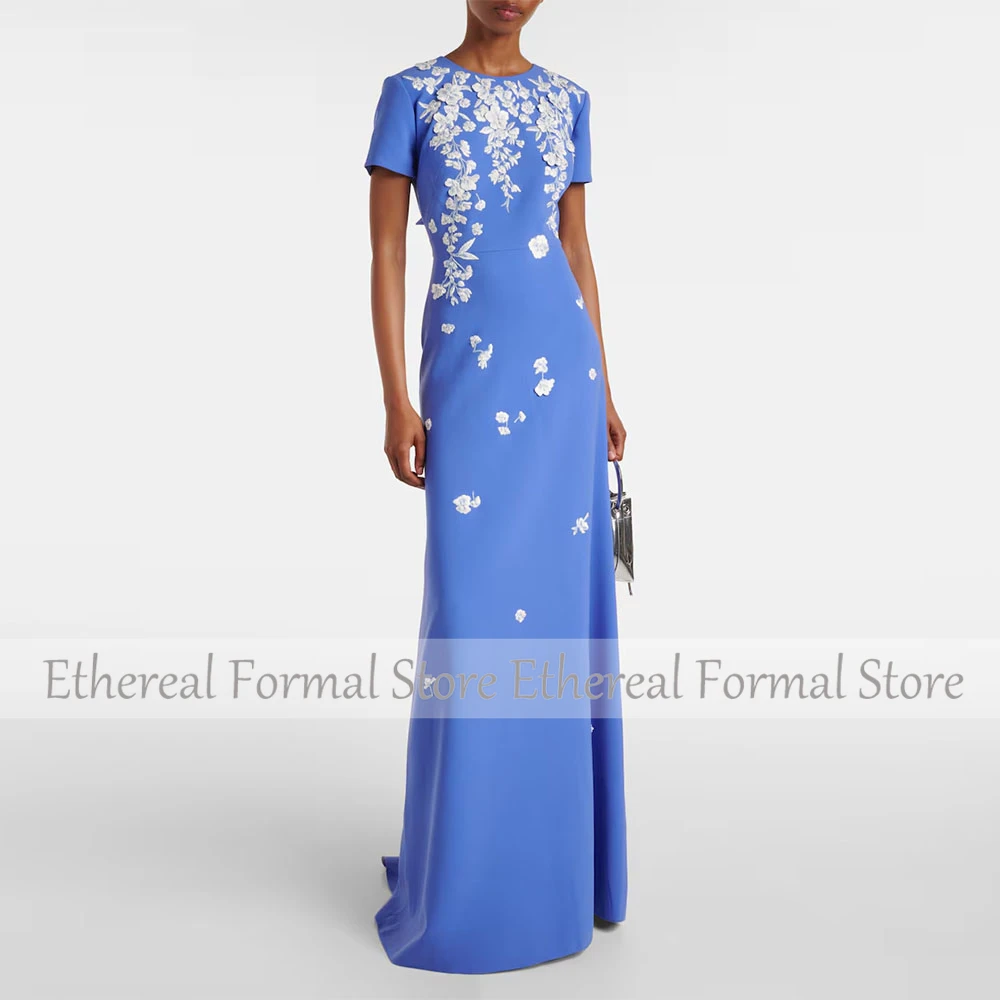 Modern Blue Women's Evening Gown Mermaid Floor Length Formal Party Dress O Neck Appliques Saudi Dress Short Sleevels Prom Dress