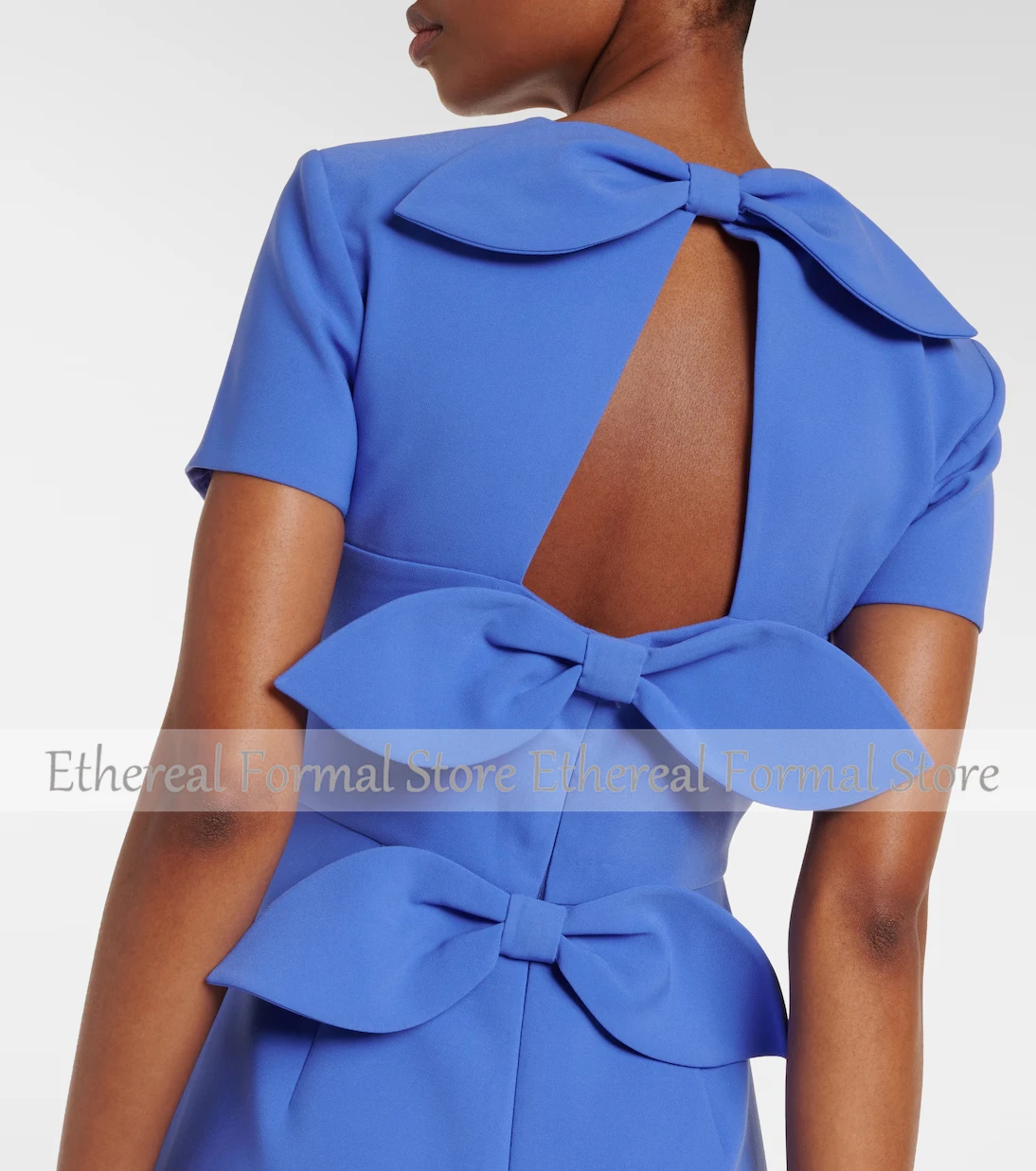 Modern Blue Women's Evening Gown Mermaid Floor Length Formal Party Dress O Neck Appliques Saudi Dress Short Sleevels Prom Dress