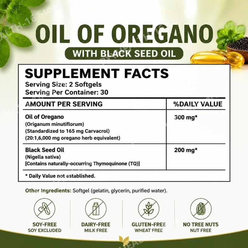Oil of Oregano Softgels 6000mg with Black Seed Oil for Immune System & Digestive Support,Antioxidant Support Soy-Free 60 Count