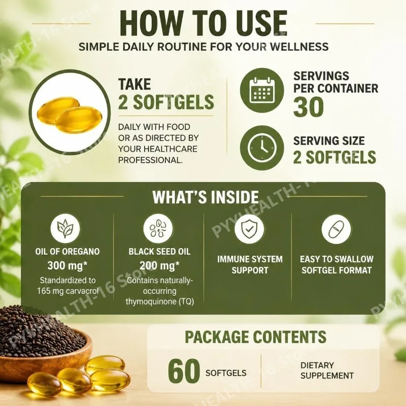Oil of Oregano Softgels 6000mg with Black Seed Oil for Immune System & Digestive Support,Antioxidant Support Soy-Free 60 Count