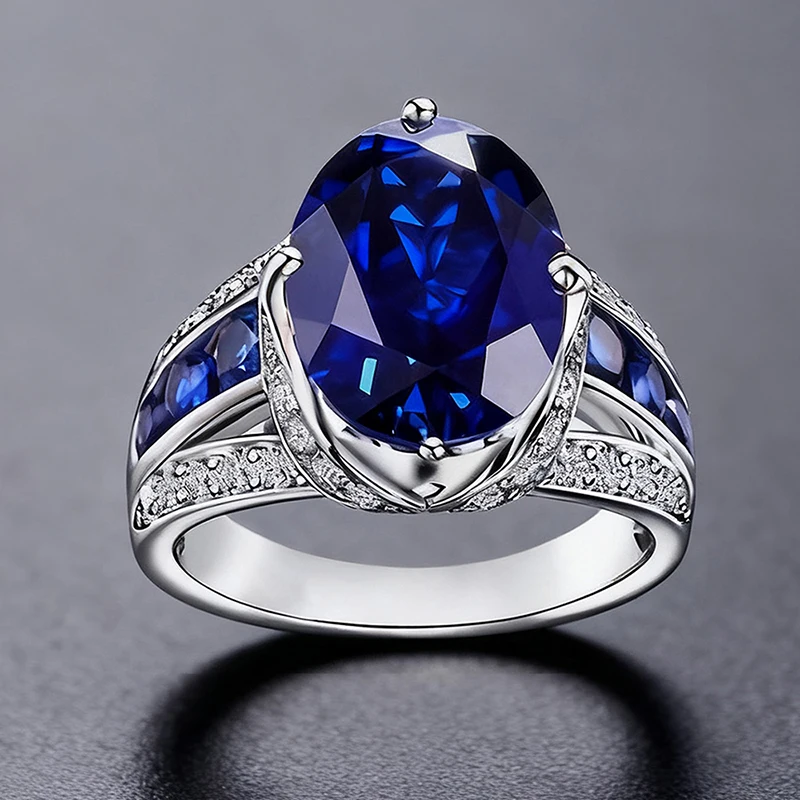 Huitan Gorgeous Oval Blue Cubic Zirconia Rings for Women Silver Color Wedding Anniversary Party Elegant Lady Accessories Jewelry
