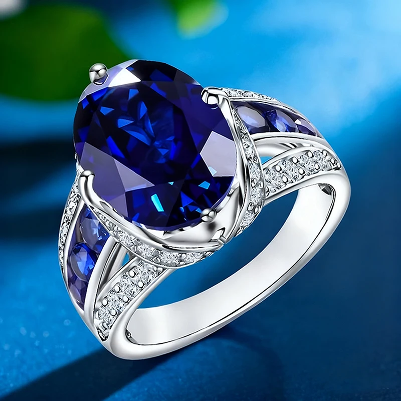 Huitan Gorgeous Oval Blue Cubic Zirconia Rings for Women Silver Color Wedding Anniversary Party Elegant Lady Accessories Jewelry
