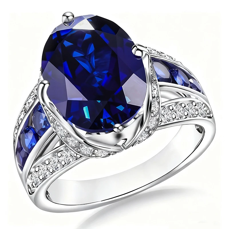 Huitan Gorgeous Oval Blue Cubic Zirconia Rings for Women Silver Color Wedding Anniversary Party Elegant Lady Accessories Jewelry