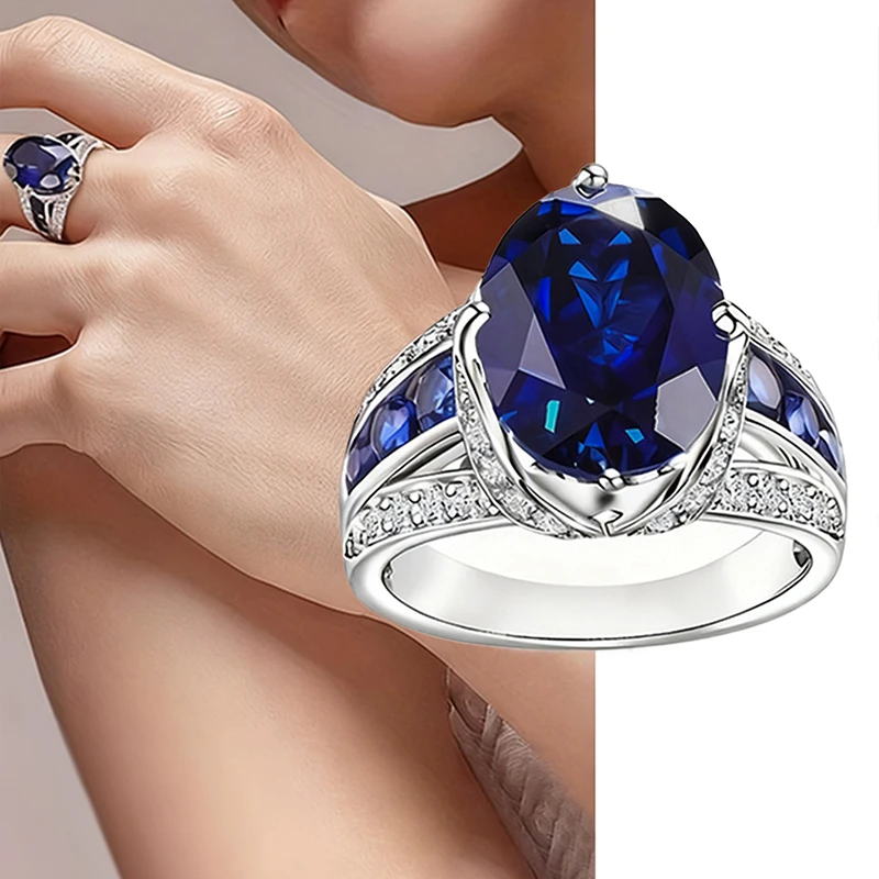 Huitan Gorgeous Oval Blue Cubic Zirconia Rings for Women Silver Color Wedding Anniversary Party Elegant Lady Accessories Jewelry
