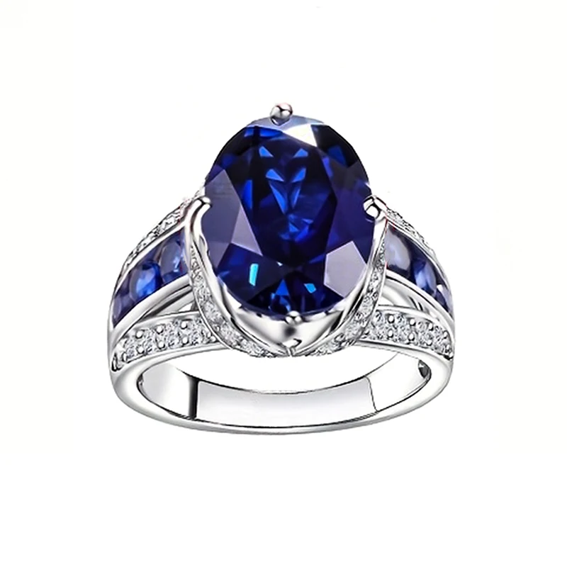 Huitan Gorgeous Oval Blue Cubic Zirconia Rings for Women Silver Color Wedding Anniversary Party Elegant Lady Accessories Jewelry