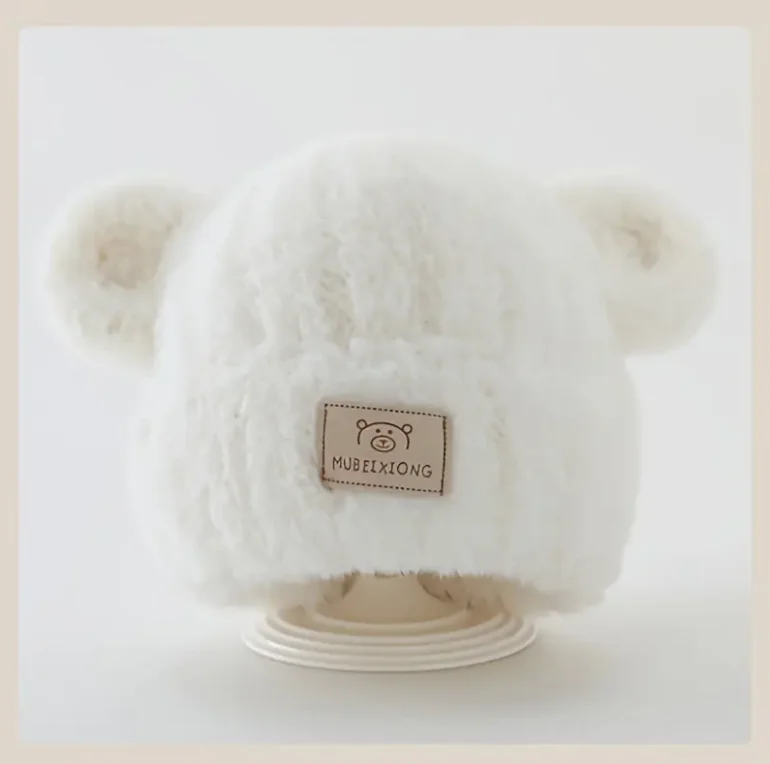 1-4 Y Baby Boys & Girls Winter Hat - Soft Beige Knit Beanie with Bear Ear Flaps, Warm Stretchy Winter Cap for Toddlers & Infants