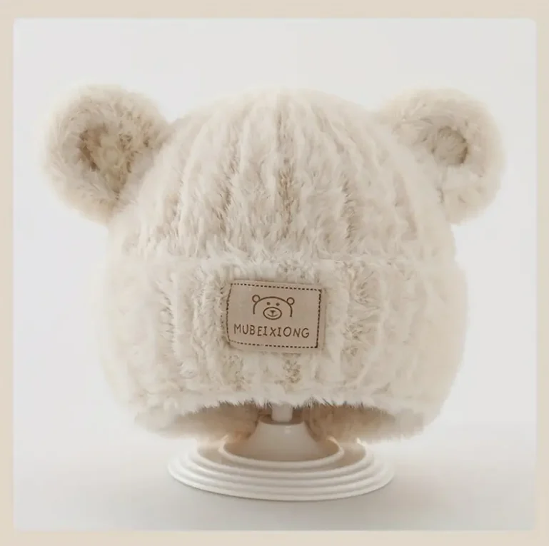 1-4 Y Baby Boys & Girls Winter Hat - Soft Beige Knit Beanie with Bear Ear Flaps, Warm Stretchy Winter Cap for Toddlers & Infants