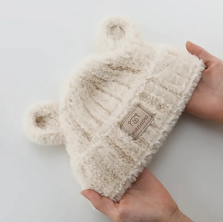 1-4 Y Baby Boys & Girls Winter Hat - Soft Beige Knit Beanie with Bear Ear Flaps, Warm Stretchy Winter Cap for Toddlers & Infants