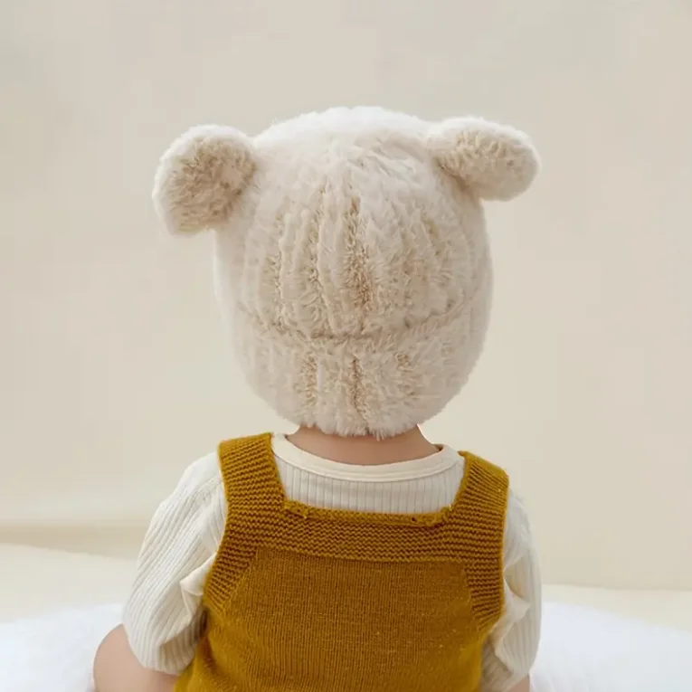 1-4 Y Baby Boys & Girls Winter Hat - Soft Beige Knit Beanie with Bear Ear Flaps, Warm Stretchy Winter Cap for Toddlers & Infants