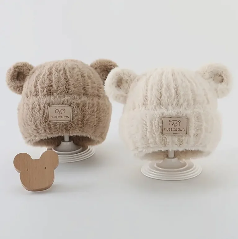 1-4 Y Baby Boys & Girls Winter Hat - Soft Beige Knit Beanie with Bear Ear Flaps, Warm Stretchy Winter Cap for Toddlers & Infants