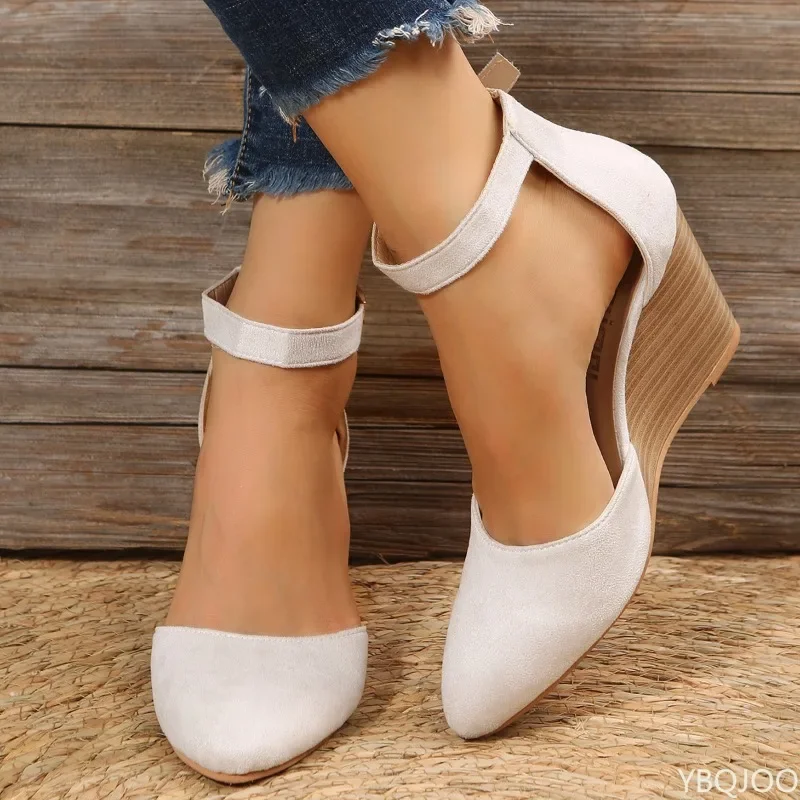 Fashionable pointed toe wedge thick soled buckle women's sandals with straight buckle solid color suede toe cap women's shoes