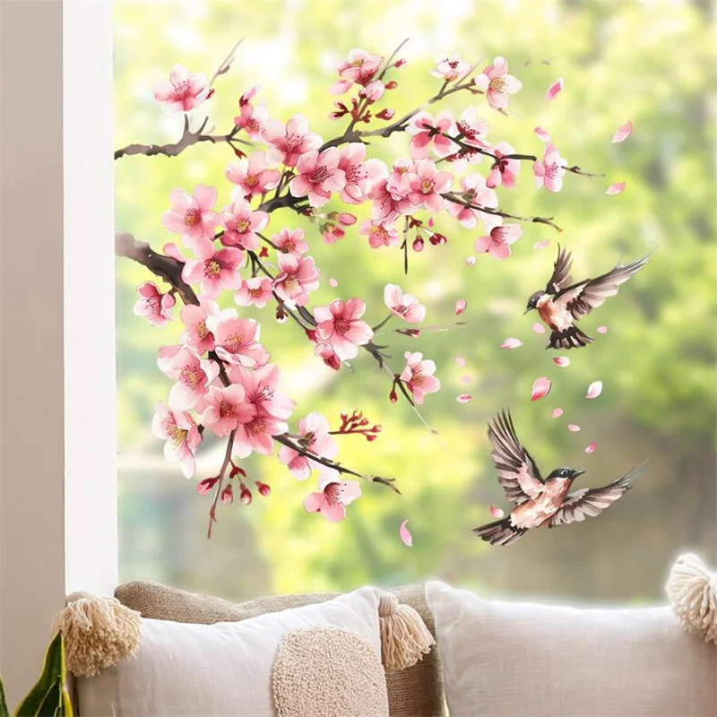 Pink Tree Branches Peach Blossoms And Birds Wall Stickers For Glass Window Decoration Bedroom Living Room Self-Adhesive Decor