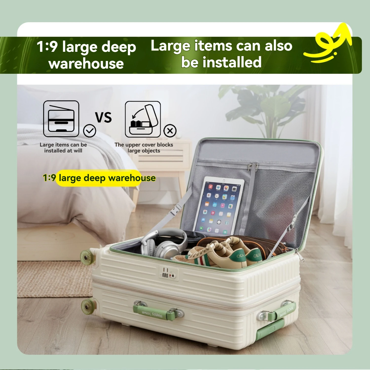 1-Piece Set of Front-Opening Travel Suitcase with Jelly Wheels, Trolley Case with 5cm Expandable Layer, Leather Handle, Luggage Bag with Phone Holder, Foldable Cup Holder, Side Hook Function, Customs Lock, Suitable for Outdoor Beach Vacations and Long-Distance Travel