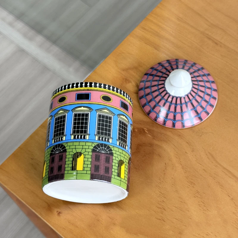 With Lid Colorful Building Funny European Ceramic Candle Holder Storage Jar Bottle Candlestick Home Ornament Art Desk Decoration