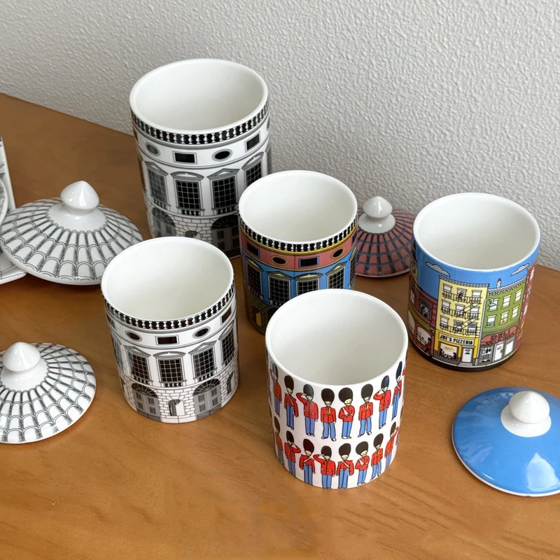 With Lid Colorful Building Funny European Ceramic Candle Holder Storage Jar Bottle Candlestick Home Ornament Art Desk Decoration