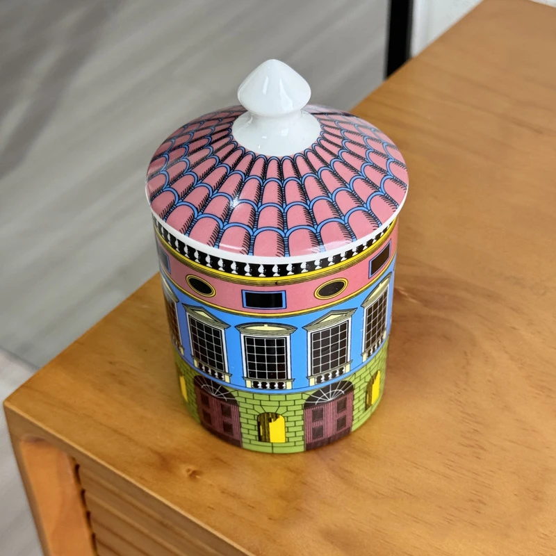 With Lid Colorful Building Funny European Ceramic Candle Holder Storage Jar Bottle Candlestick Home Ornament Art Desk Decoration
