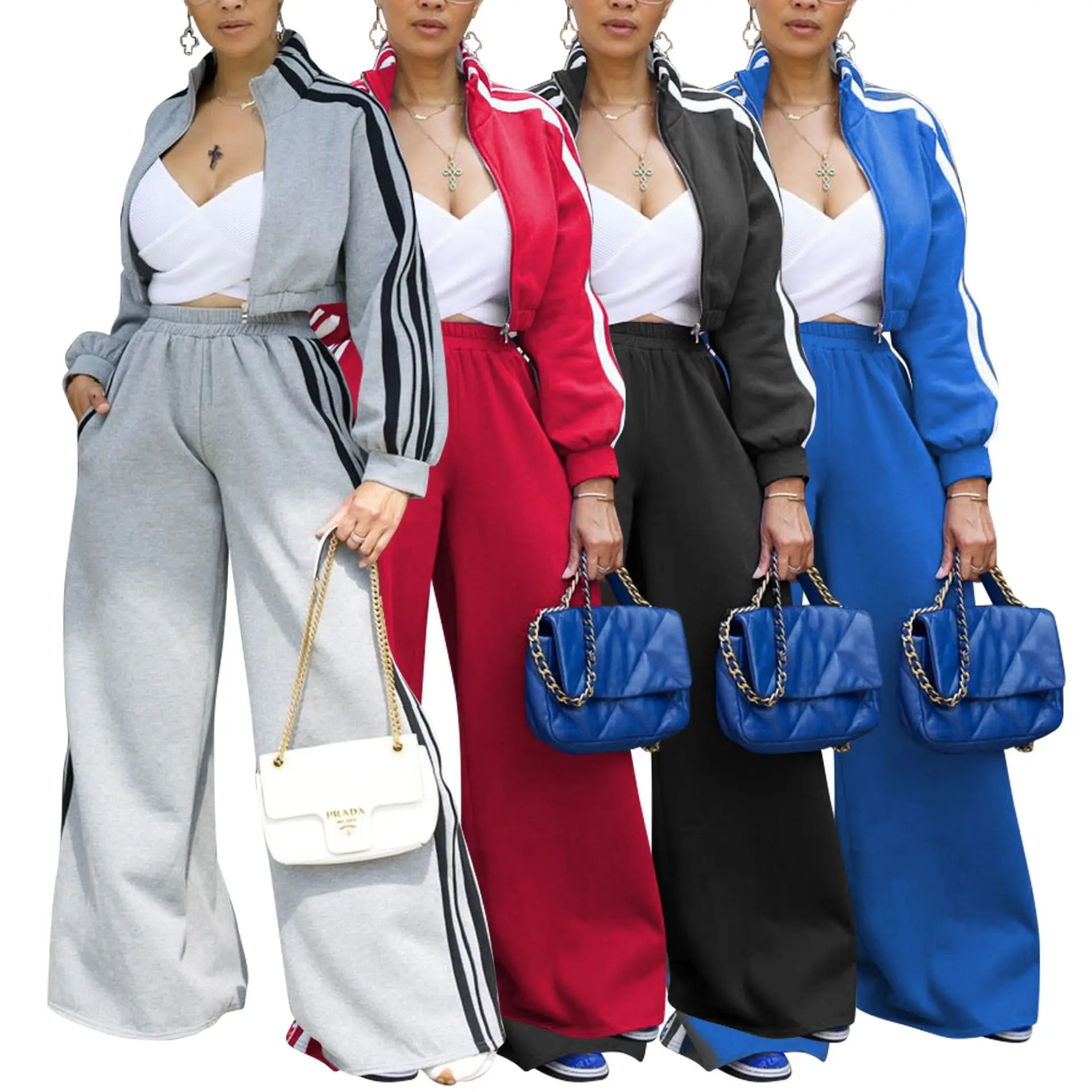 Women Wide Leg Pants Suit 2 Piece Sets Striped Jacket Floor Length Trouser Tracksuit Single Breasted 2025 Autumn Casual Ensemble