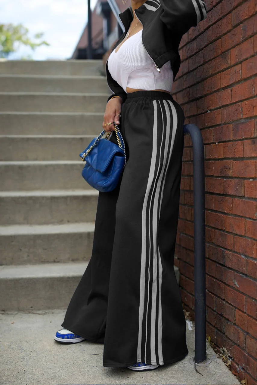Women Wide Leg Pants Suit 2 Piece Sets Striped Jacket Floor Length Trouser Tracksuit Single Breasted 2025 Autumn Casual Ensemble