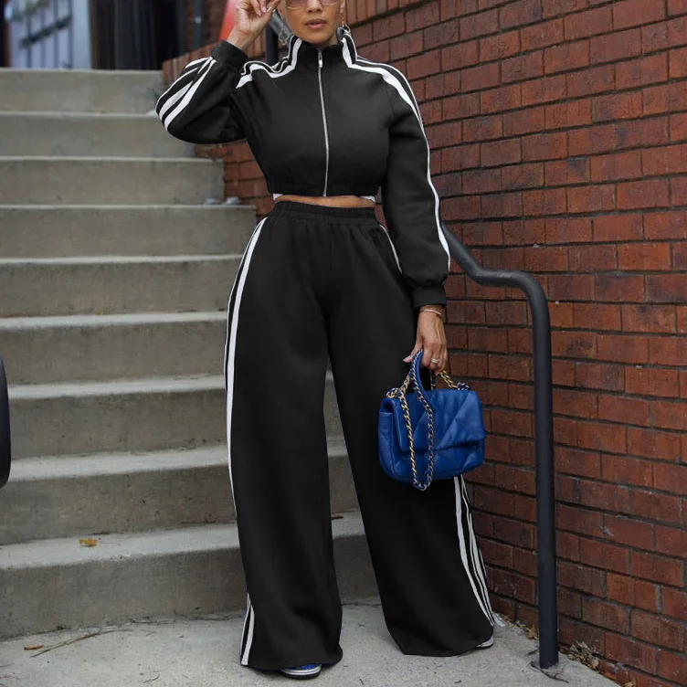 Women Wide Leg Pants Suit 2 Piece Sets Striped Jacket Floor Length Trouser Tracksuit Single Breasted 2025 Autumn Casual Ensemble