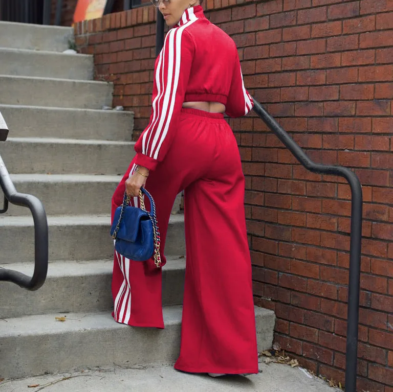 Women Wide Leg Pants Suit 2 Piece Sets Striped Jacket Floor Length Trouser Tracksuit Single Breasted 2025 Autumn Casual Ensemble
