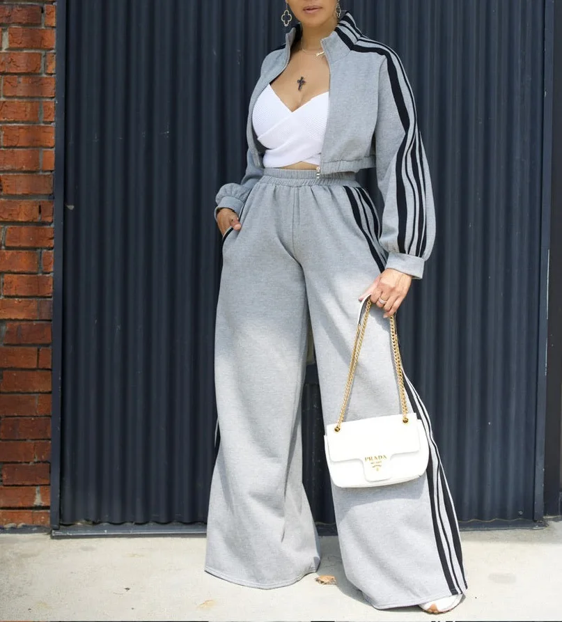 Women Wide Leg Pants Suit 2 Piece Sets Striped Jacket Floor Length Trouser Tracksuit Single Breasted 2025 Autumn Casual Ensemble