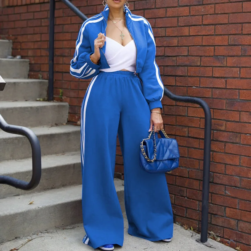 Women Wide Leg Pants Suit 2 Piece Sets Striped Jacket Floor Length Trouser Tracksuit Single Breasted 2025 Autumn Casual Ensemble