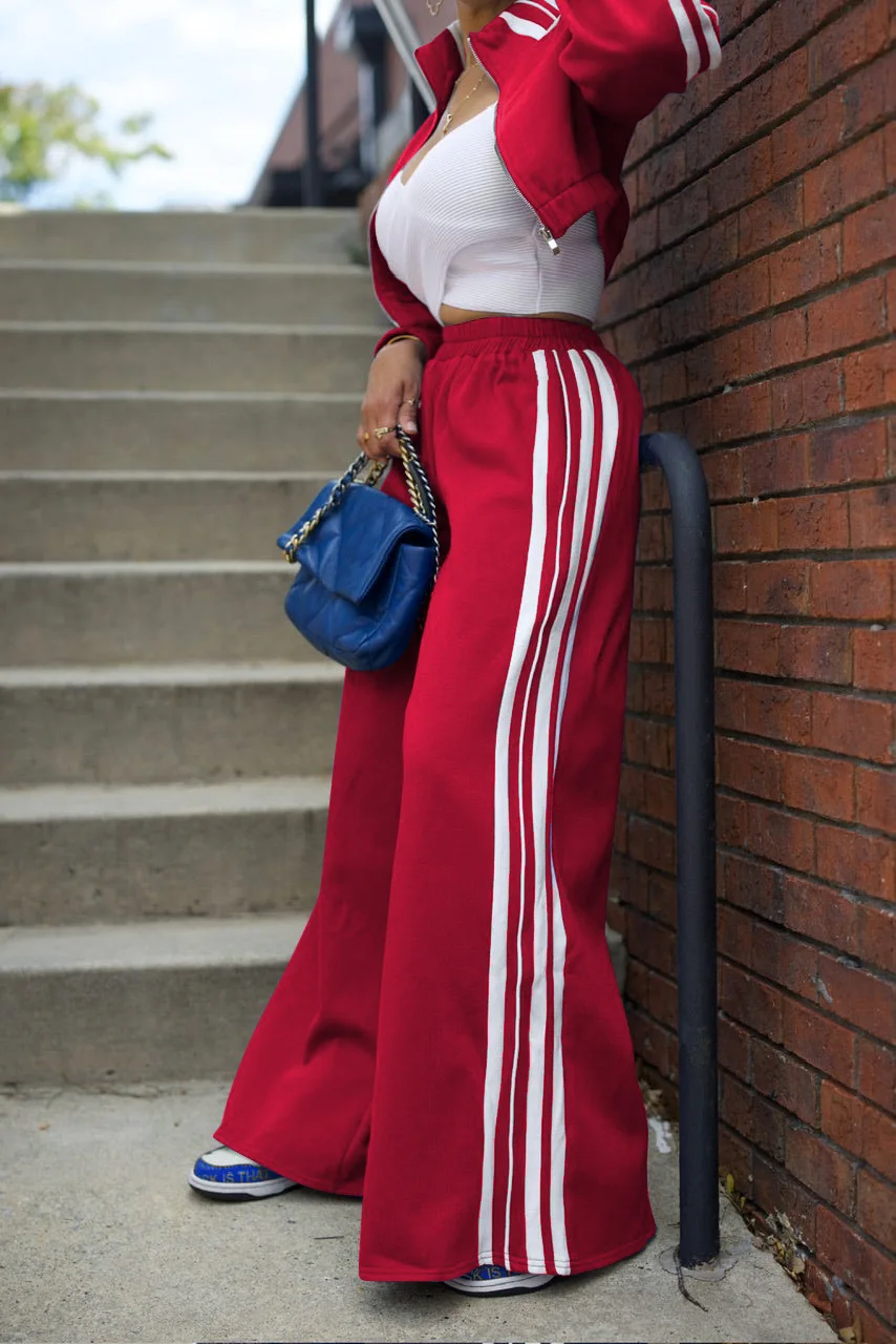 Women Wide Leg Pants Suit 2 Piece Sets Striped Jacket Floor Length Trouser Tracksuit Single Breasted 2025 Autumn Casual Ensemble