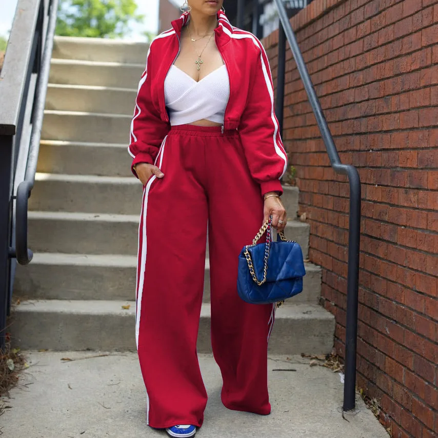 Women Wide Leg Pants Suit 2 Piece Sets Striped Jacket Floor Length Trouser Tracksuit Single Breasted 2025 Autumn Casual Ensemble