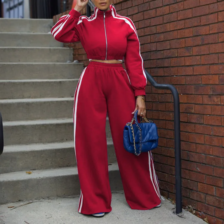 Women Wide Leg Pants Suit 2 Piece Sets Striped Jacket Floor Length Trouser Tracksuit Single Breasted 2025 Autumn Casual Ensemble