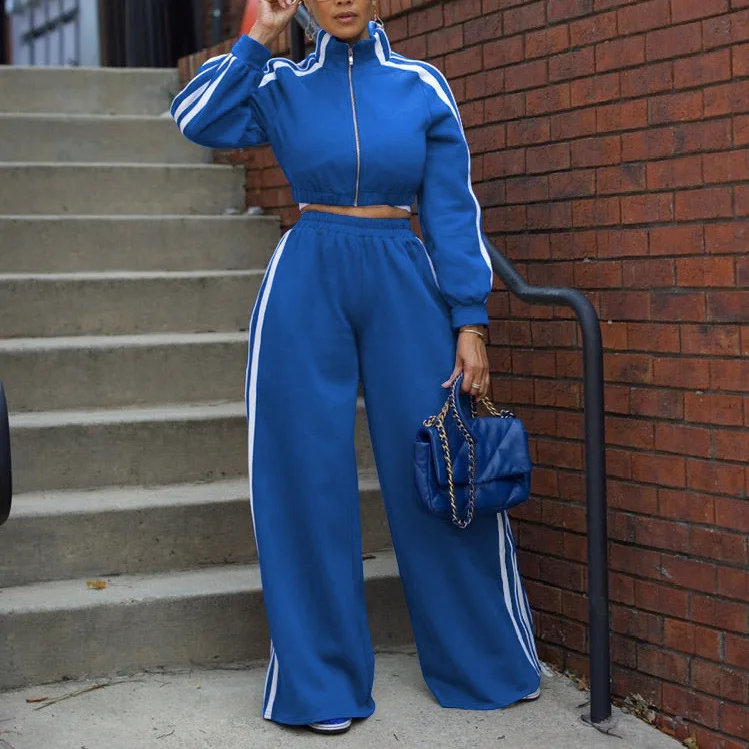 Women Wide Leg Pants Suit 2 Piece Sets Striped Jacket Floor Length Trouser Tracksuit Single Breasted 2025 Autumn Casual Ensemble