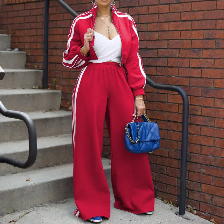 Women Wide Leg Pants Suit 2 Piece Sets Striped Jacket Floor Length Trouser Tracksuit Single Breasted 2025 Autumn Casual Ensemble