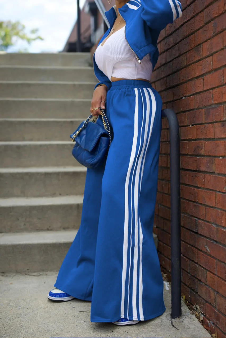 Women Wide Leg Pants Suit 2 Piece Sets Striped Jacket Floor Length Trouser Tracksuit Single Breasted 2025 Autumn Casual Ensemble