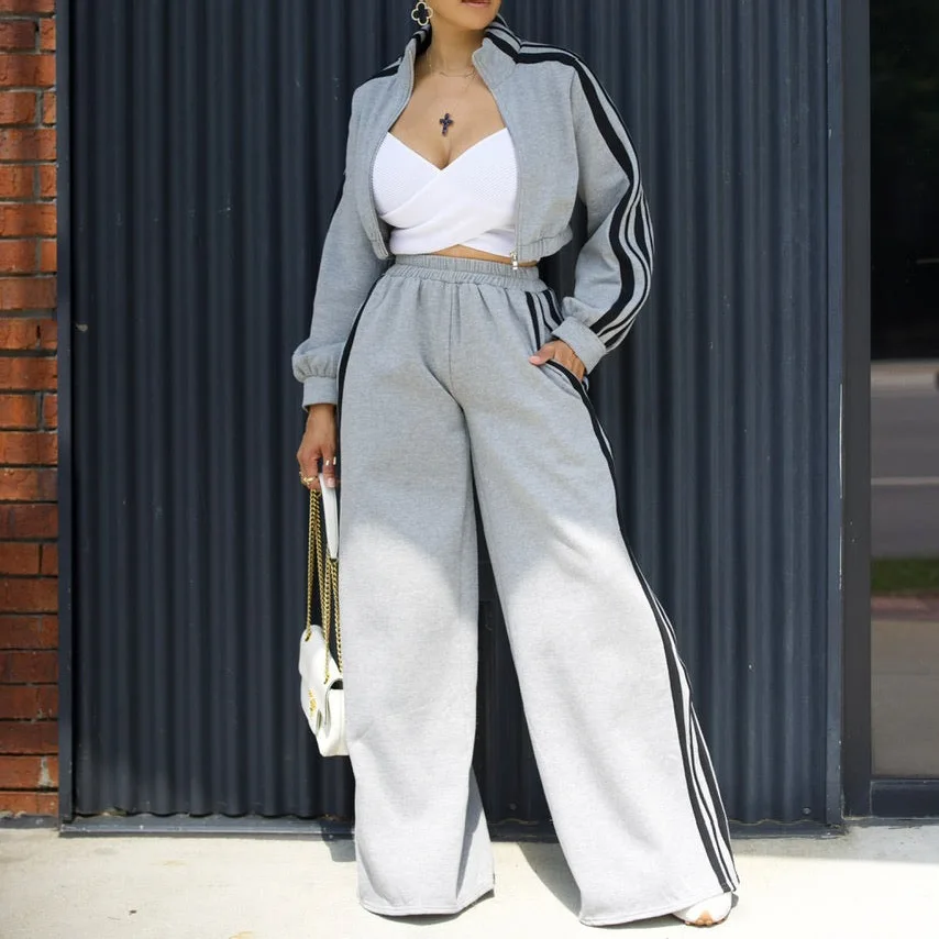 Women Wide Leg Pants Suit 2 Piece Sets Striped Jacket Floor Length Trouser Tracksuit Single Breasted 2025 Autumn Casual Ensemble